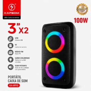Caixa de Som Portátil Kapbom KA-8910 100W com LED RGB, USB, TF e Rádio FM