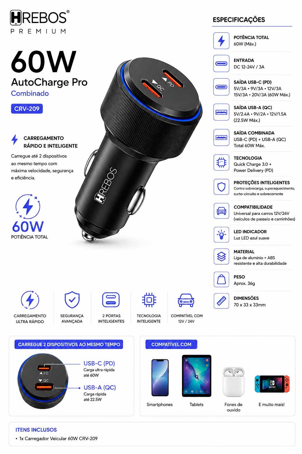 arregador Veicular Hrebos Premium AutoCharge Pro CRV-209 60W com 2 Portas USB-C Fast Charge - Imagem 2