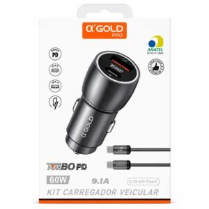 Carregador Veicular Turbo α’GOLD PRO CJ13-3 60W PD QC4.0 com Cabos