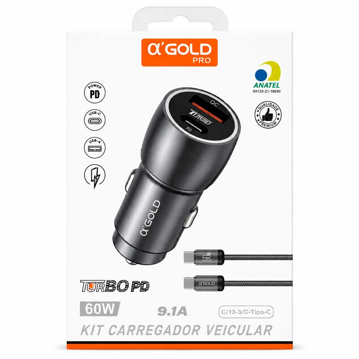 Carregador Veicular Turbo α’GOLD PRO CJ13-3 60W PD QC4.0 com Cabos