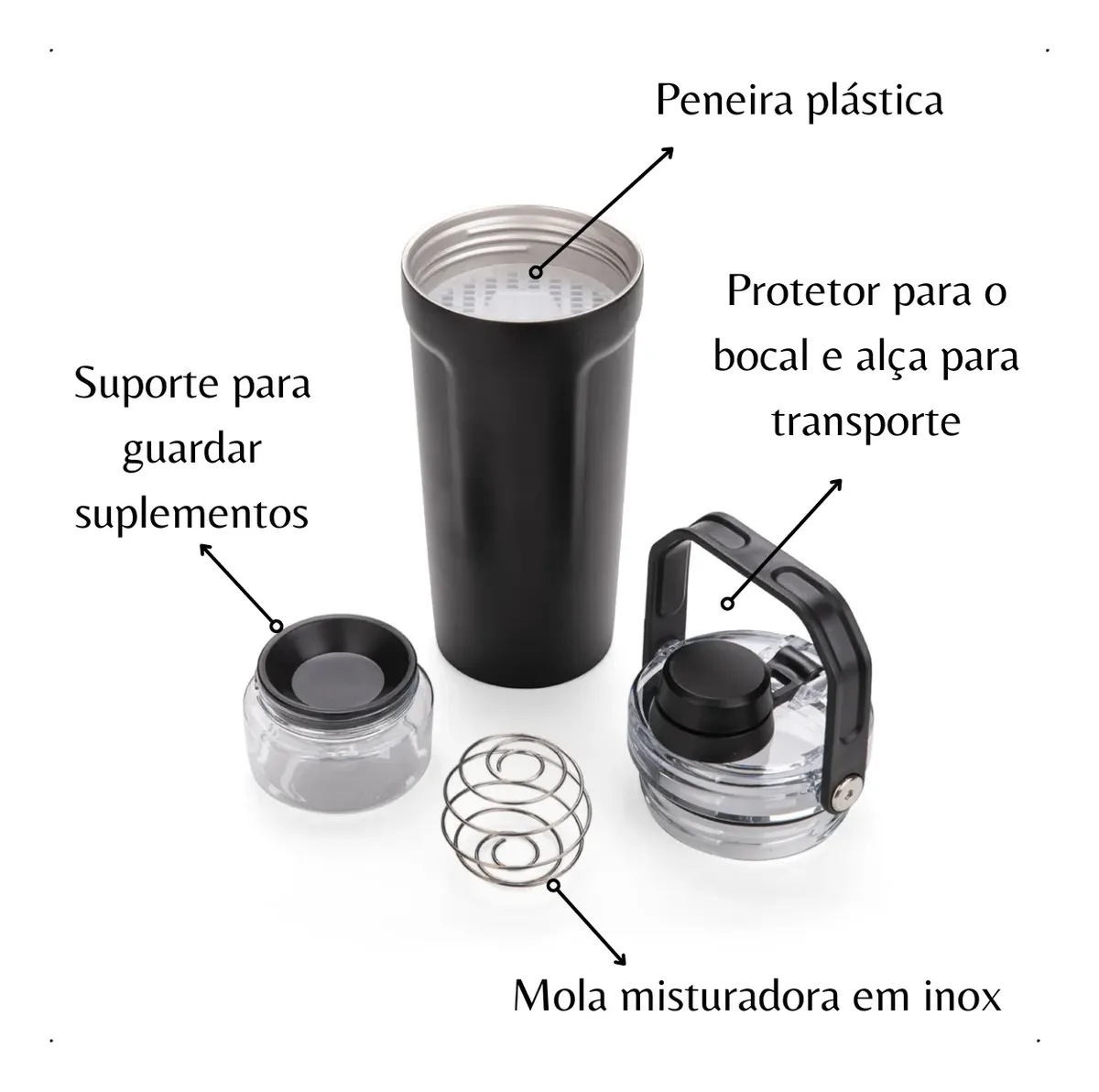 Coqueteleira Térmica Inox 700 Ml Suplemento Copo Hermético BM-P2096 720ml com Alça - Imagem 2