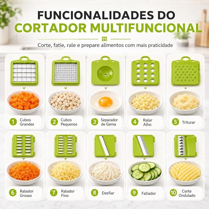 Cortador de Legumes Multifuncional 10 em 1 com Ralador, Fatiador, Picador e Separador de Gema - Imagem 4