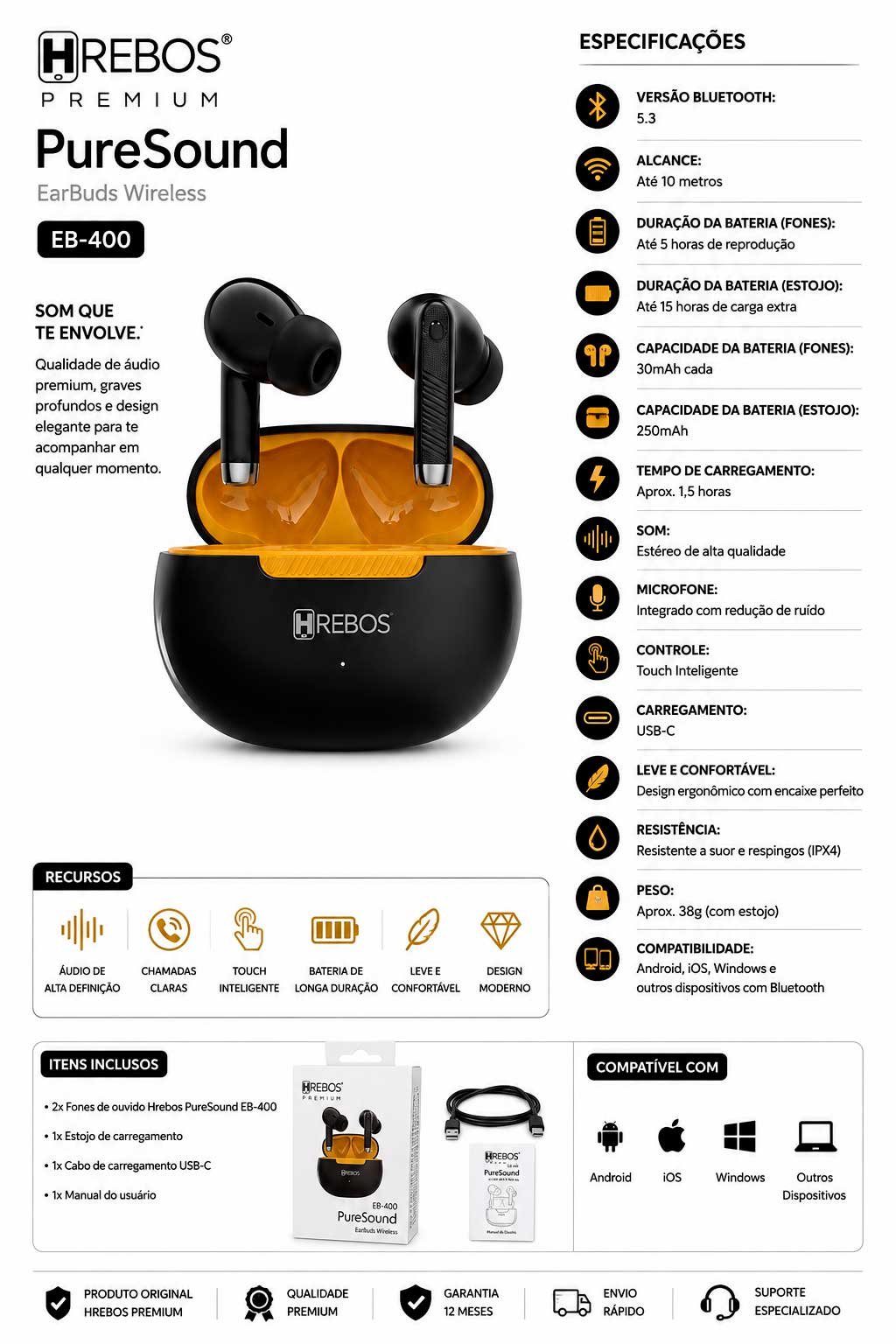 Fone de Ouvido Bluetooth Hrebos Premium PureSound EB-400 TWS Sem Fio com Estojo de Recarga USB-C - Imagem 2