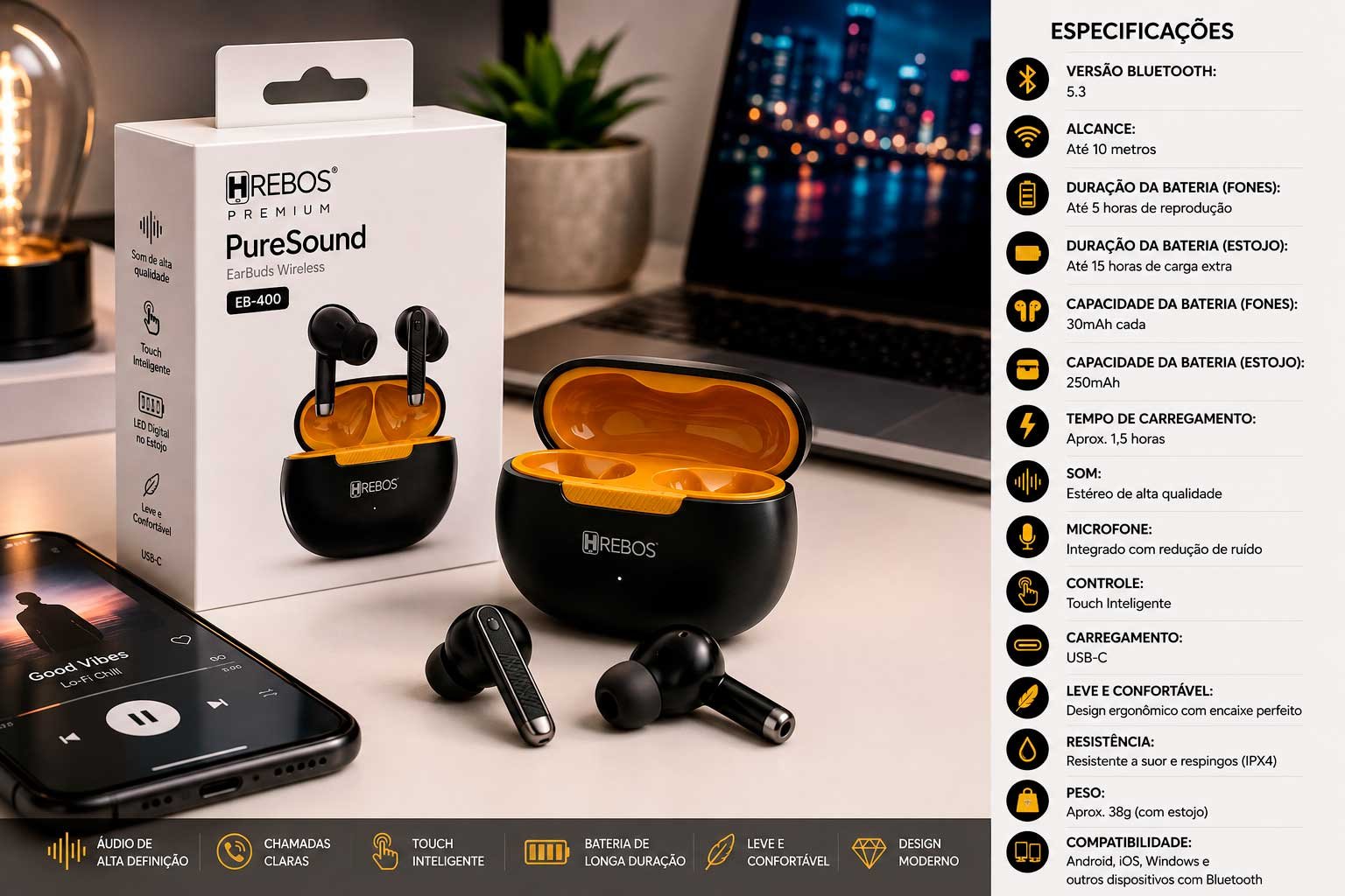 Fone de Ouvido Bluetooth Hrebos Premium PureSound EB-400 TWS Sem Fio com Estojo de Recarga USB-C - Imagem 3