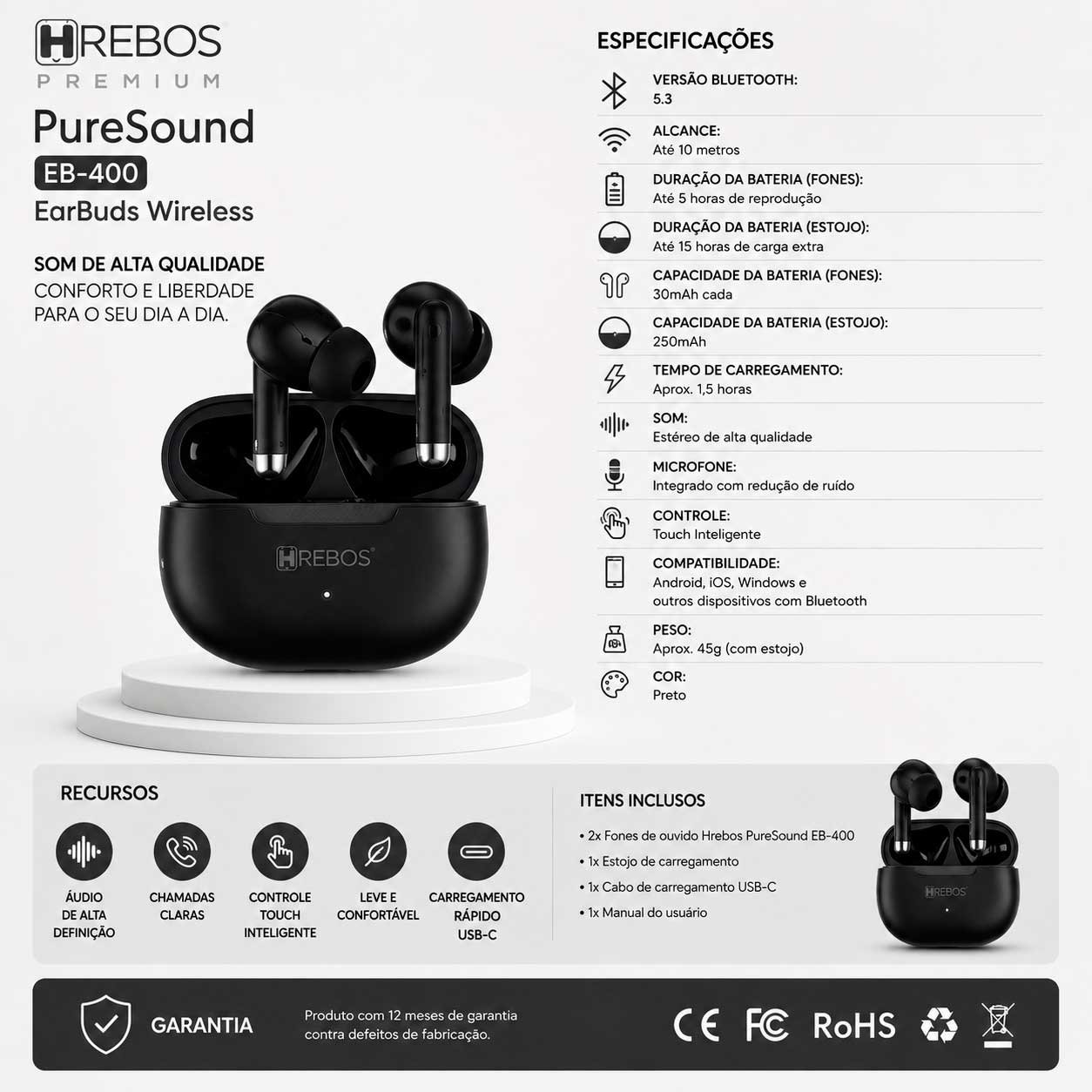 Fone de Ouvido Bluetooth Hrebos Premium PureSound EB-400 TWS Sem Fio com Estojo de Recarga USB-C - Imagem 3