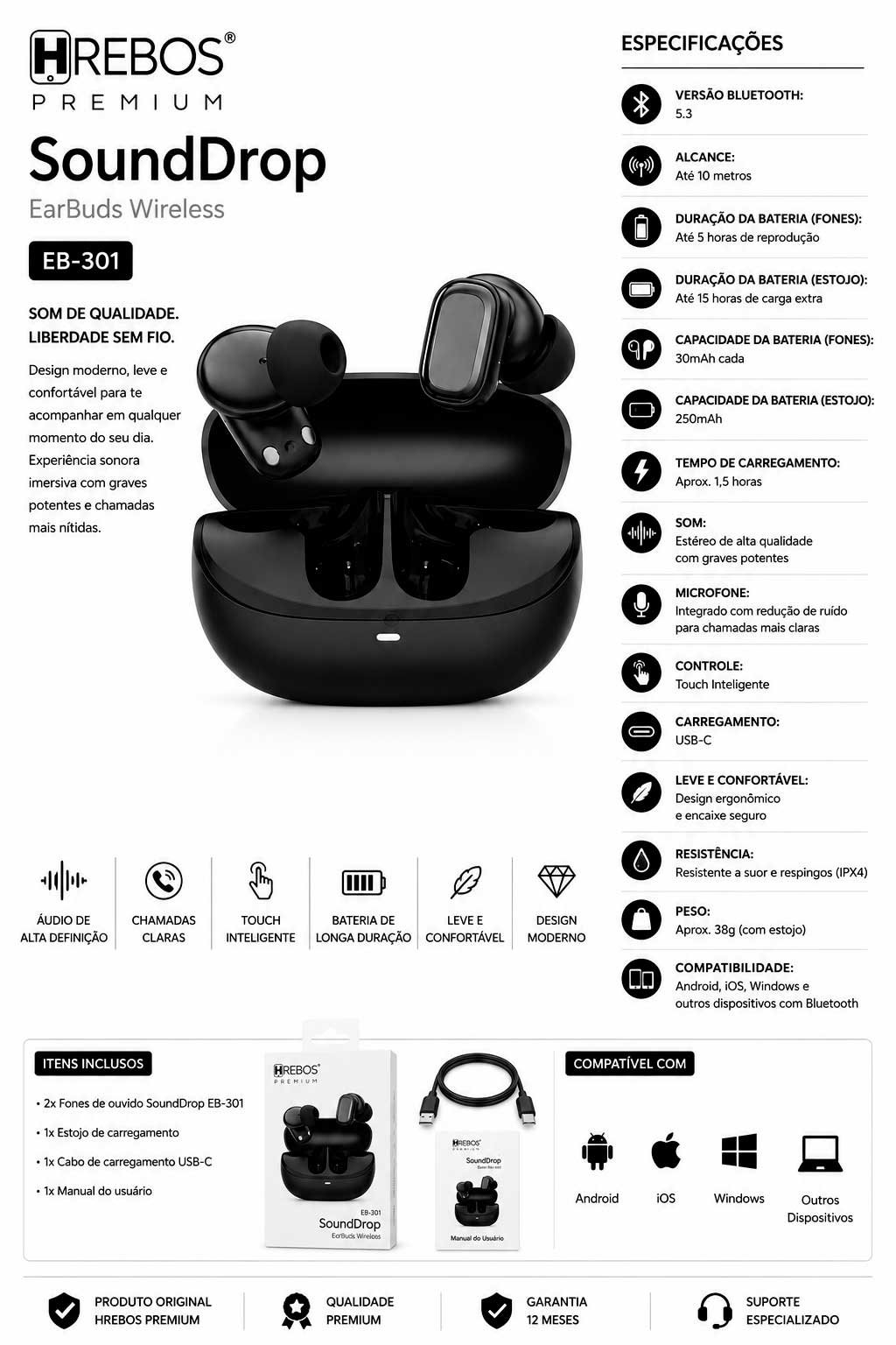 Fone de Ouvido Bluetooth Hrebos Premium SoundDrop EB-301 TWS Sem Fio com Estojo de Recarga USB-C - Imagem 2