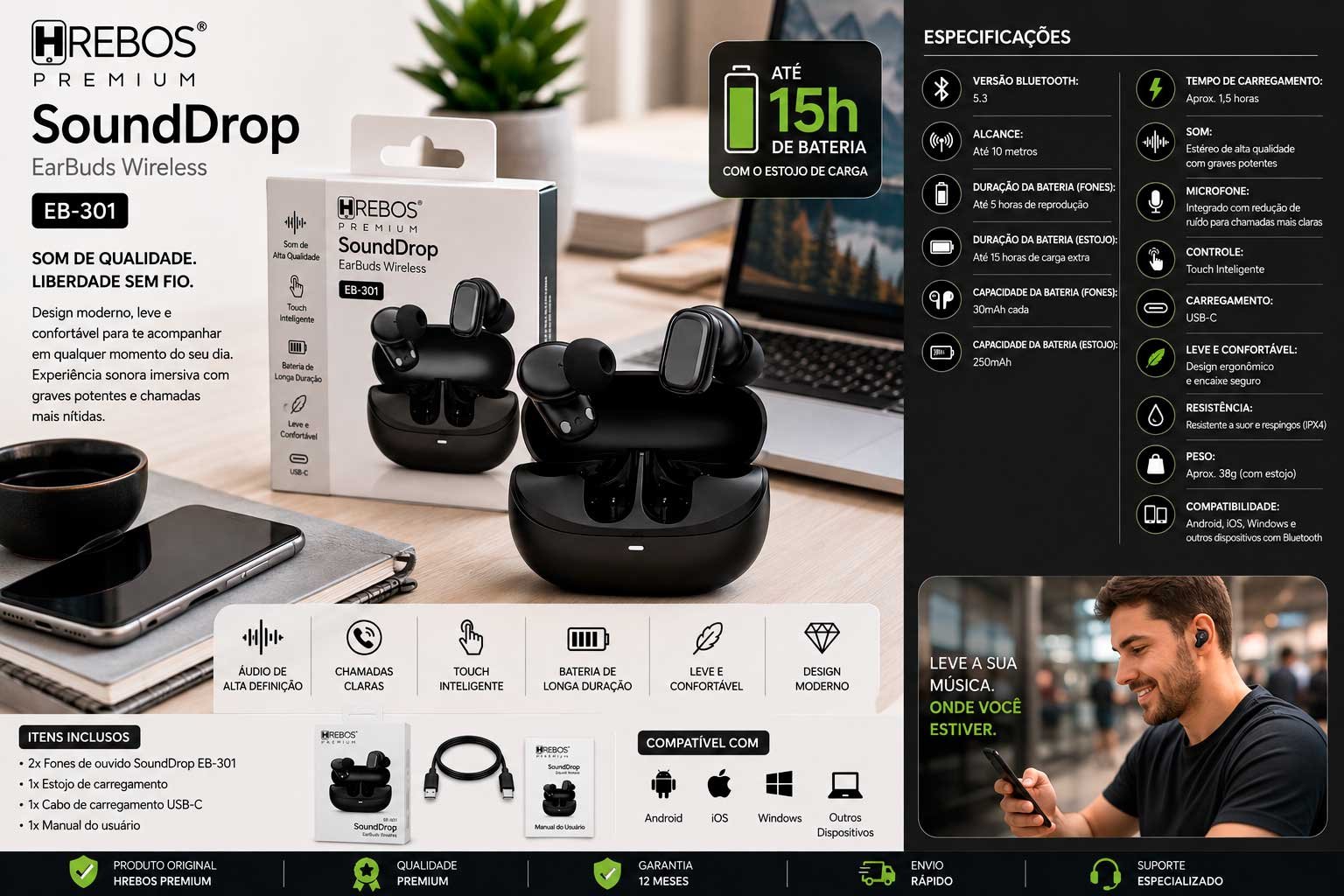 Fone de Ouvido Bluetooth Hrebos Premium SoundDrop EB-301 TWS Sem Fio com Estojo de Recarga USB-C - Imagem 3