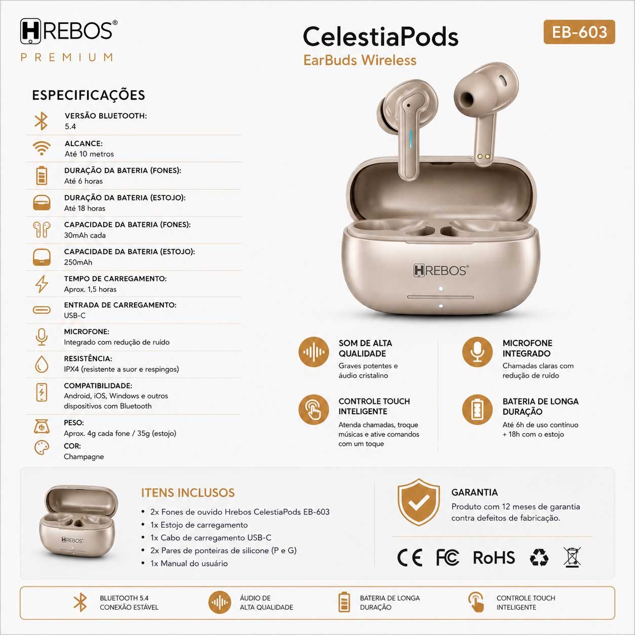 Fone de Ouvido Bluetooth Hrebos Premium CelestiaPods EB-603 TWS Sem Fio com Estojo de Recarga USB-C - Imagem 3