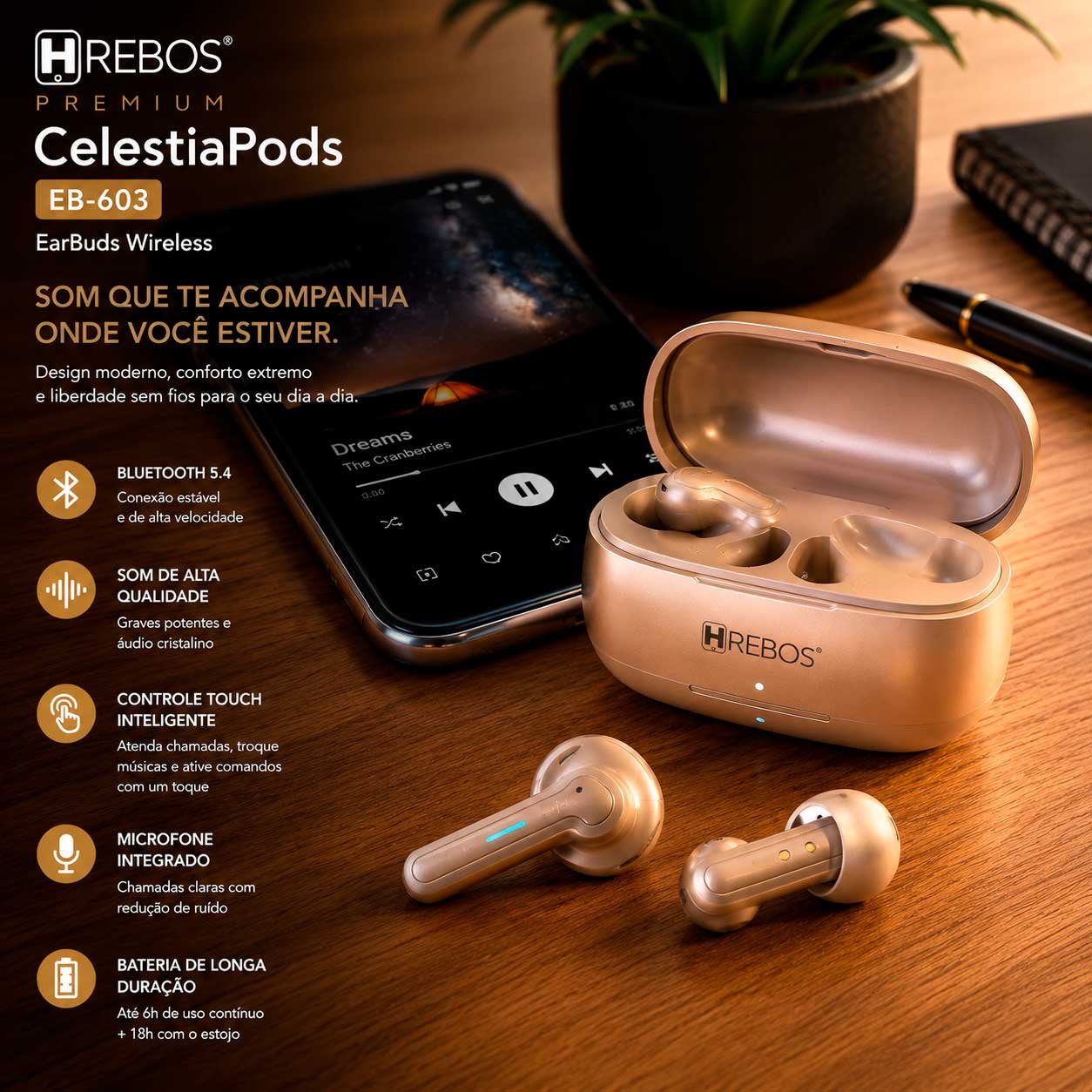 Fone de Ouvido Bluetooth Hrebos Premium CelestiaPods EB-603 TWS Sem Fio com Estojo de Recarga USB-C - Imagem 2