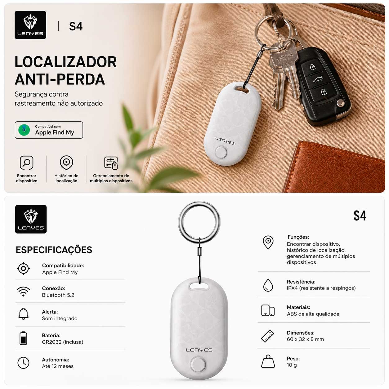 Localizador Anti-Perda Lenyes S4 para iPhone Apple Find My - Imagem 3