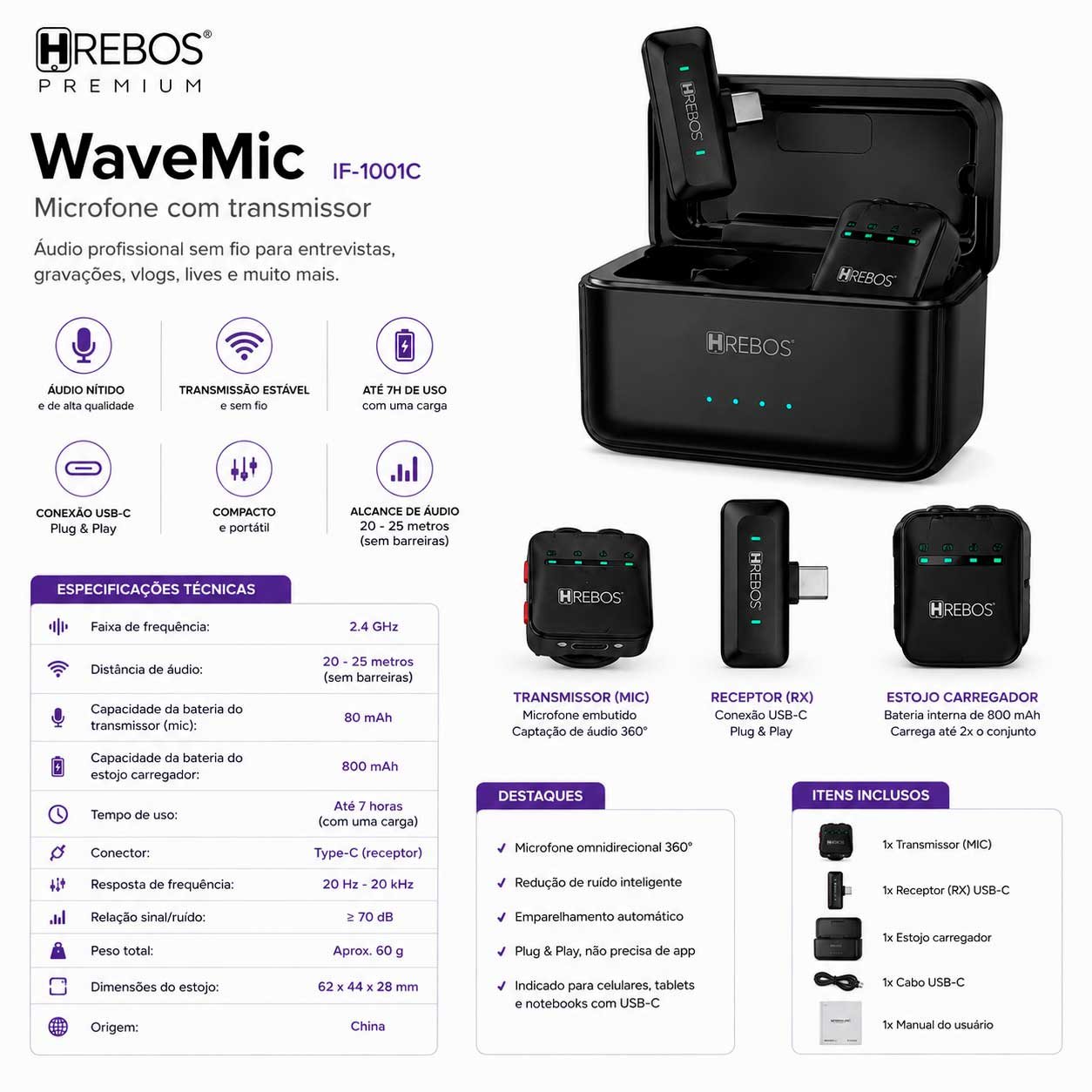 Microfone de Lapela Sem Fio Hrebos WaveMic IF-1001C USB-C 2.4GHz - Imagem 2