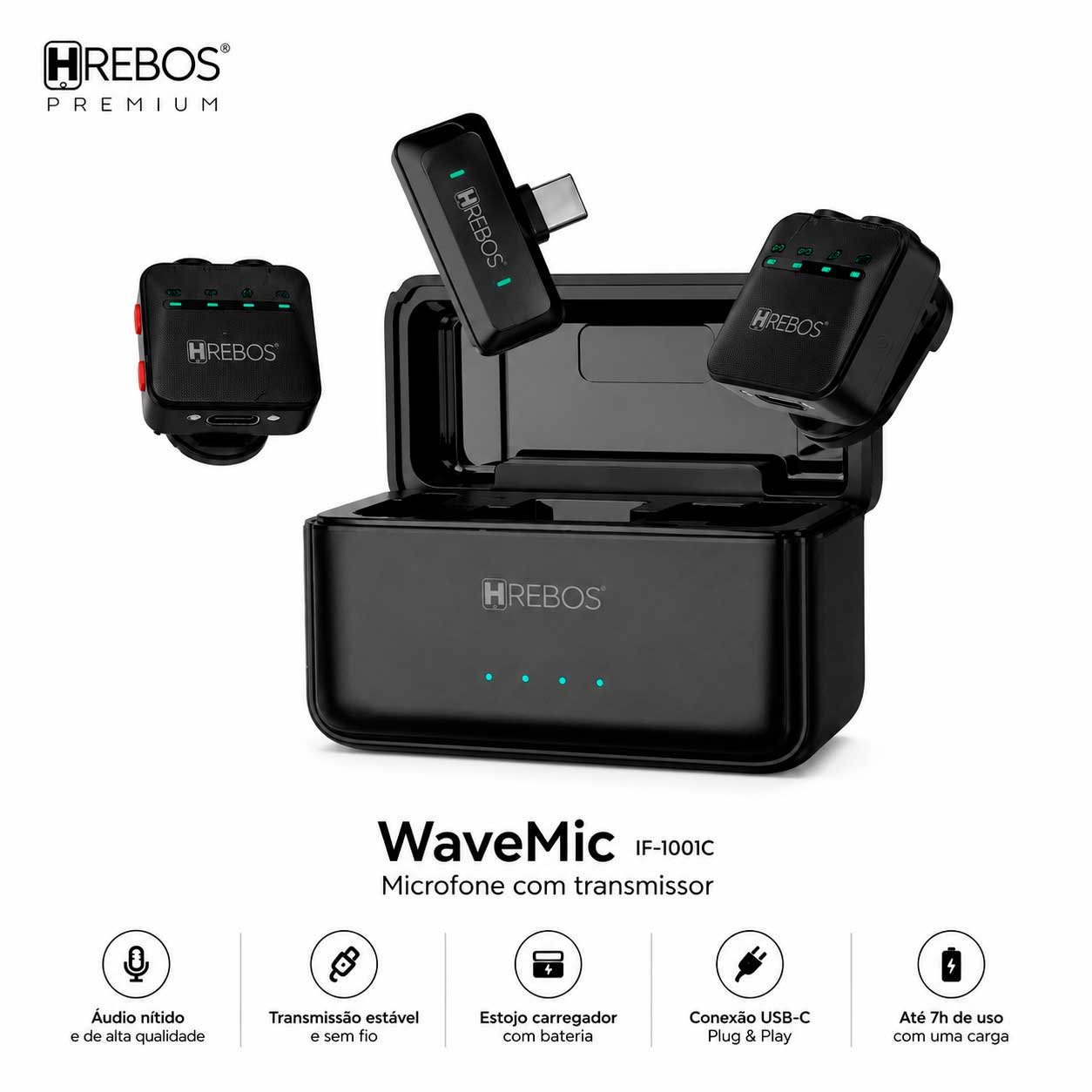 Microfone de Lapela Sem Fio Hrebos WaveMic IF-1001C USB-C 2.4GHz