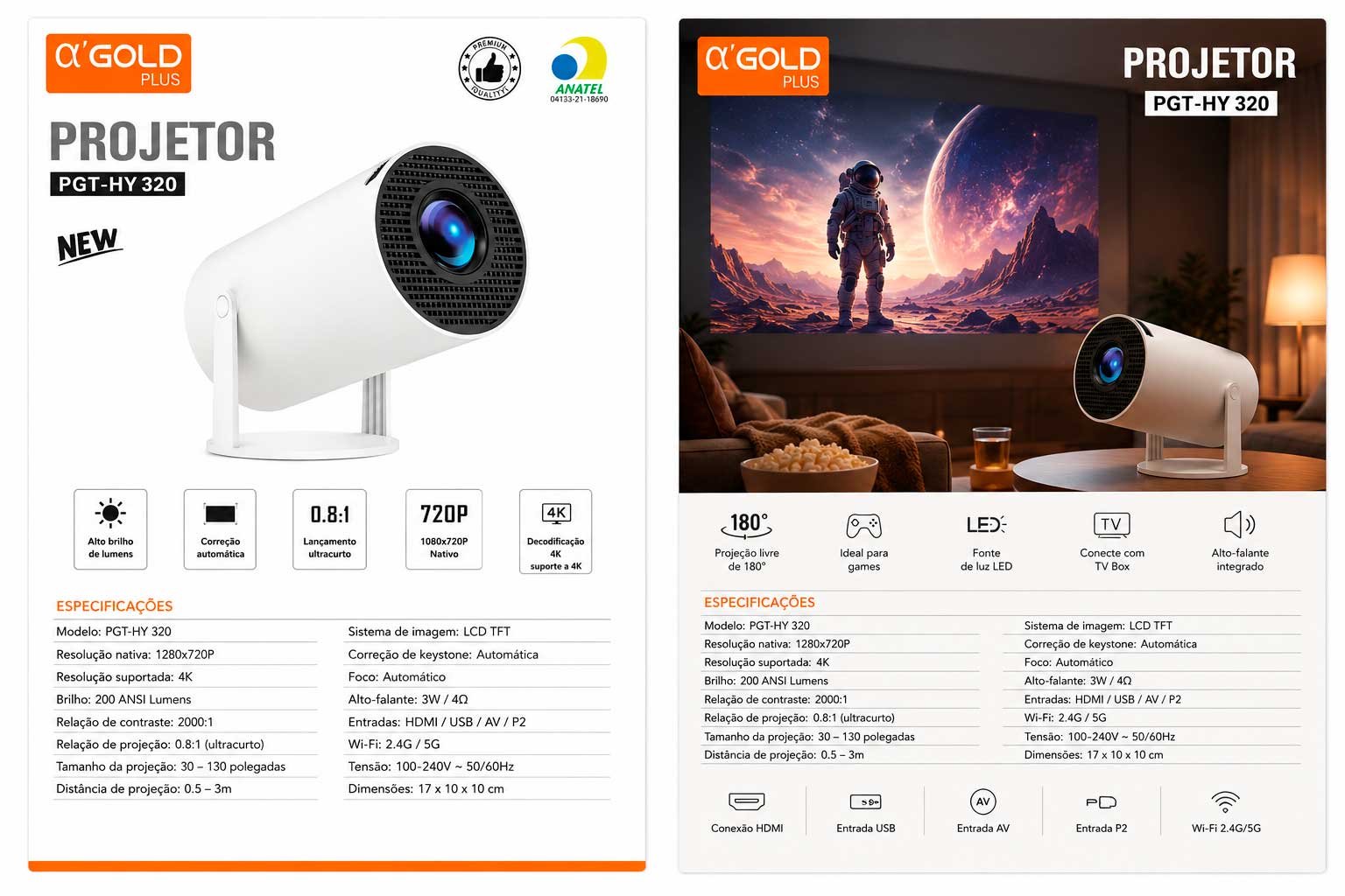 Projetor Portátil α’GOLD Plus PGT-HY320 720P com Wi-Fi 6