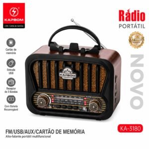 Rádio Retrô Portátil Kapbom KA-3180 FM AM SW com USB, AUX, Cartão de Memória e Bateria Recarregável